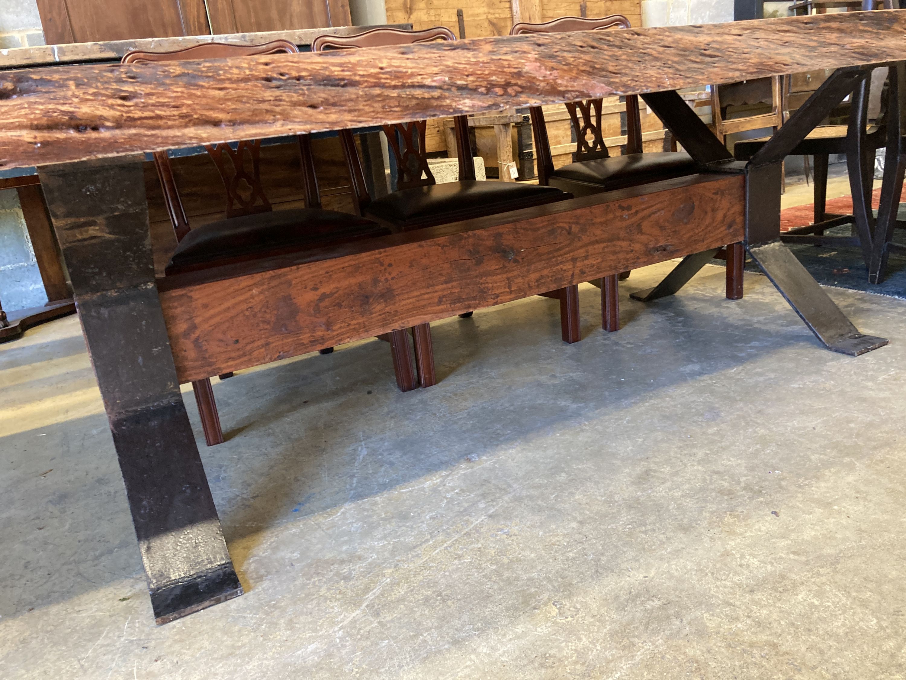 A South African Camelthorn hardwood dining table with a metal x-frame base, length 256cm, width 116cm, height 78cm